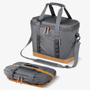 Gray and brown cooler bag with shoulder strap on a white background
