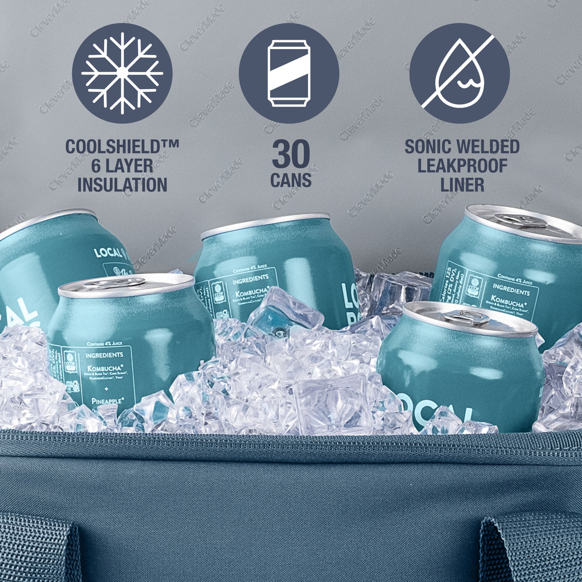 Teal cans with ice and a cooler bag, featuring insulation and leakproof liner features.