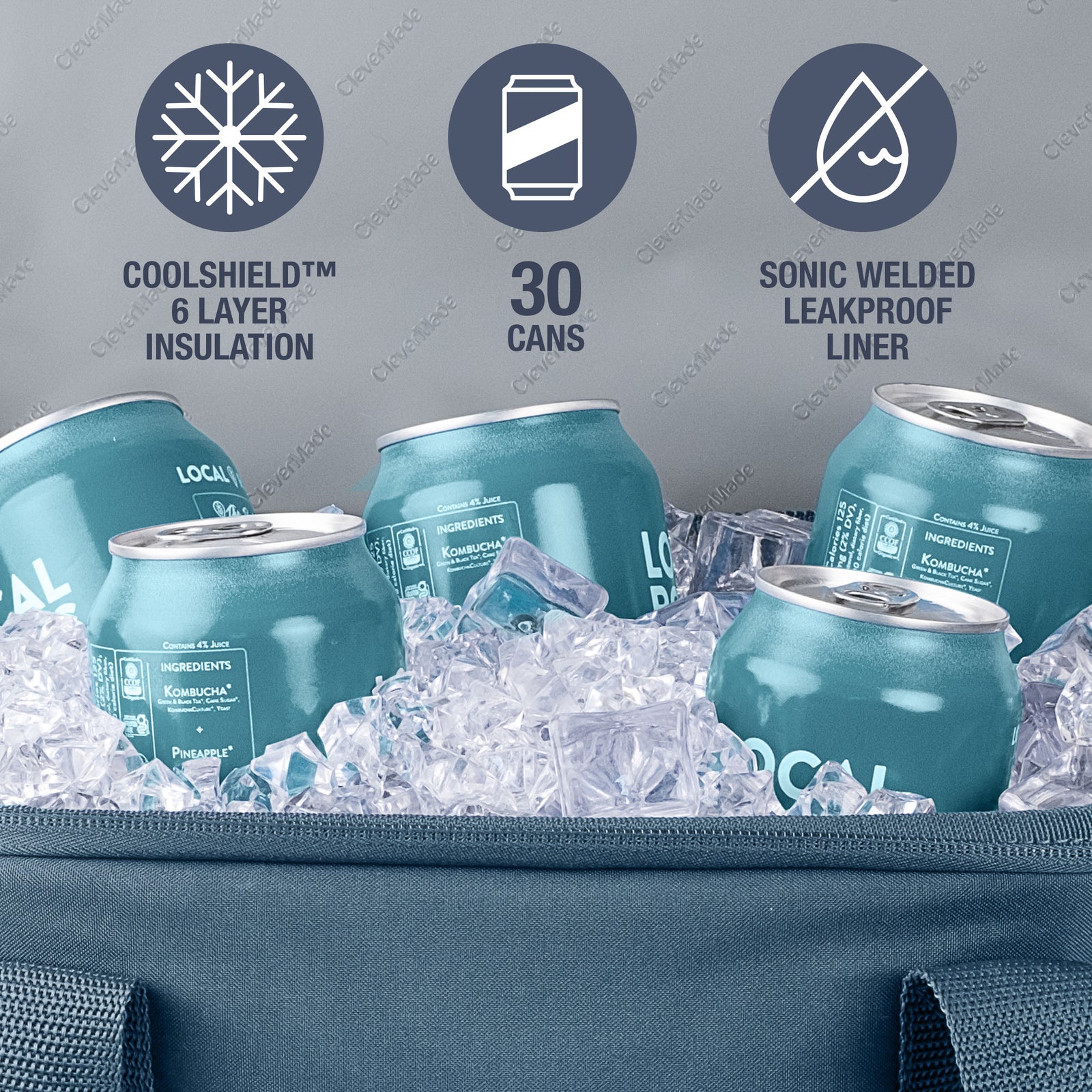 Teal cans with ice and a cooler bag, featuring insulation and leakproof liner features.