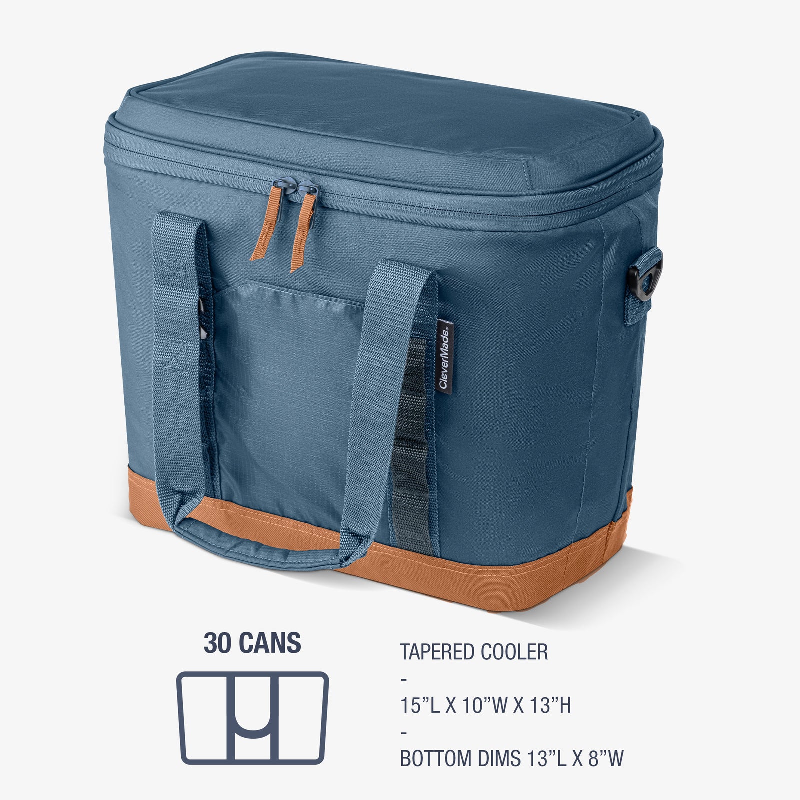 Blue cooler bag with brown base and handles on a white background
