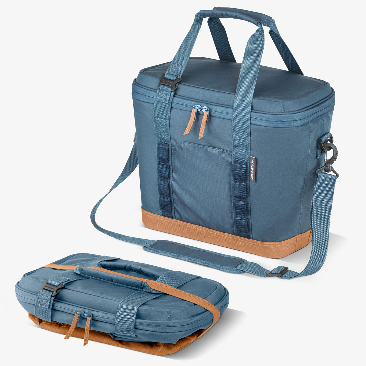 Blue cooler bag with brown accents on a white background