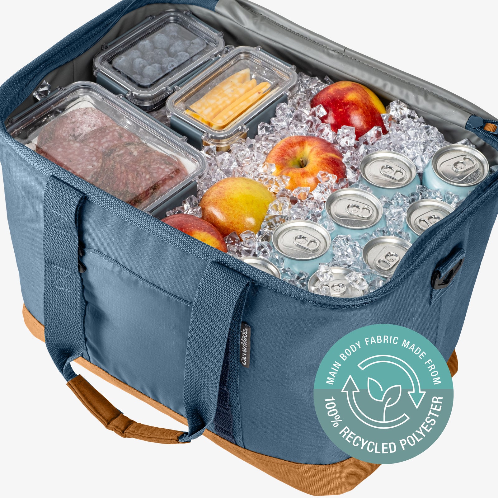 Blue cooler bag with food and drinks on ice, featuring a green recycling logo.