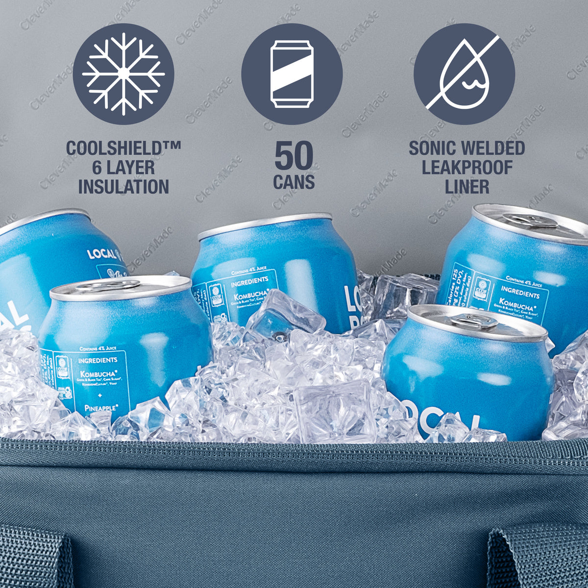 Blue cans in a cooler with insulation features highlighted