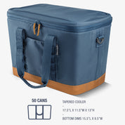 Blue cooler bag with brown base on a white background