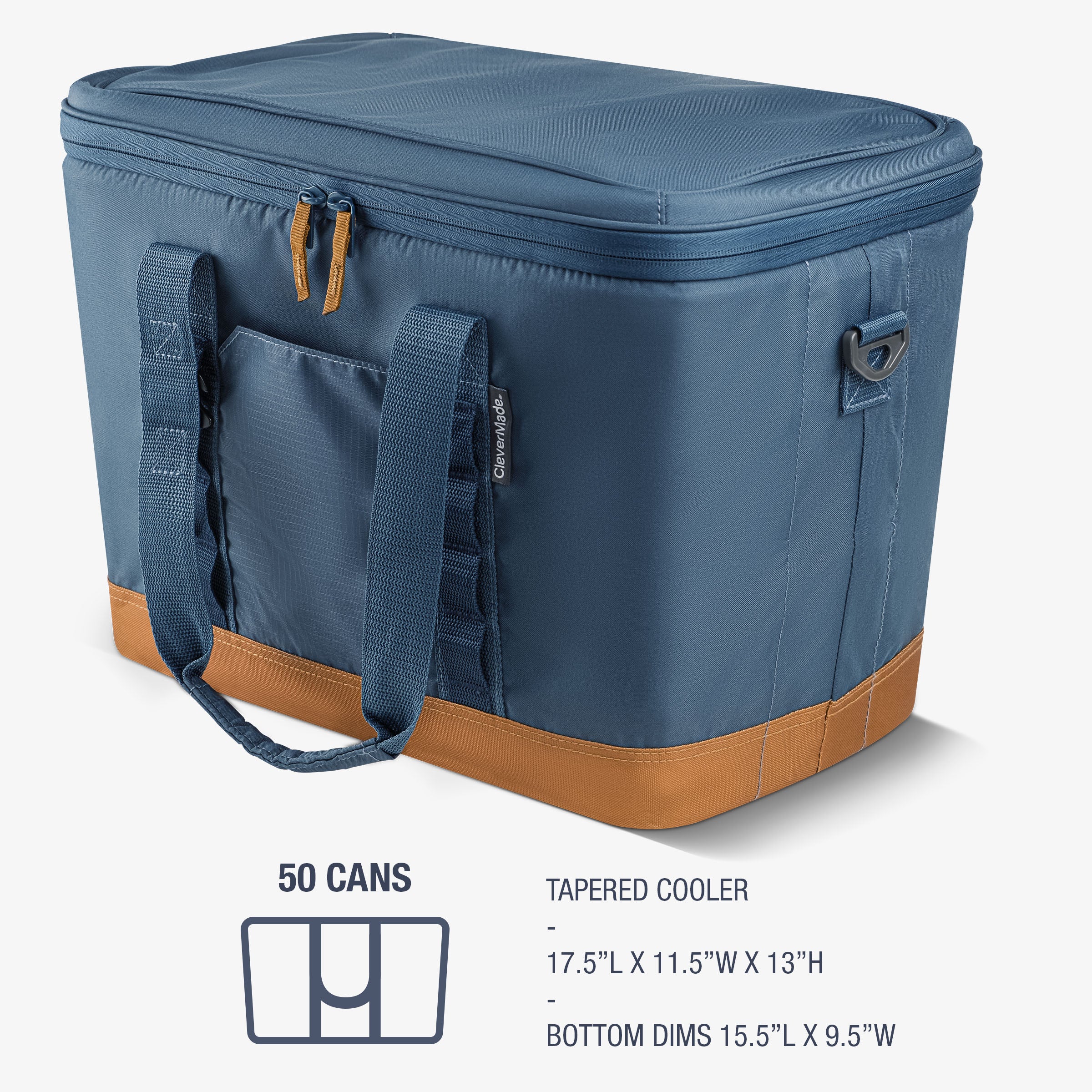 Blue cooler bag with brown base on a white background