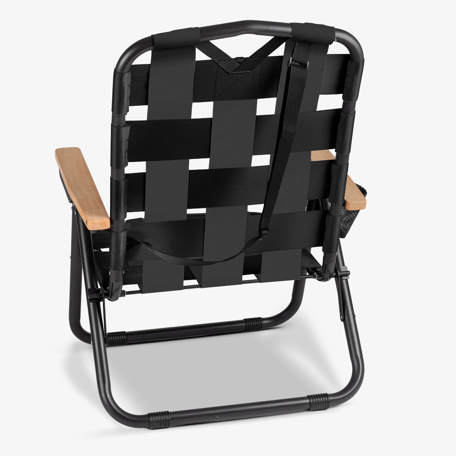 Black Kove foldable outdoor chair with wooden armrests on a white background