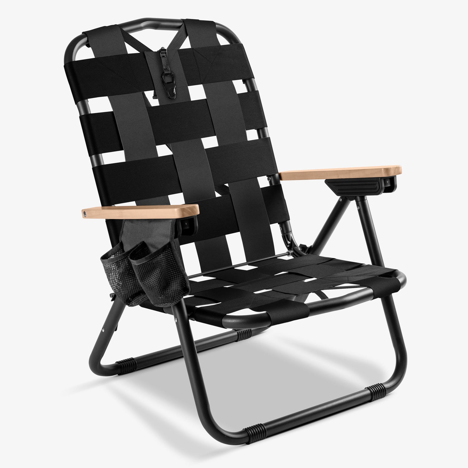 Black Kove foldable outdoor chair with wooden armrests on a white background