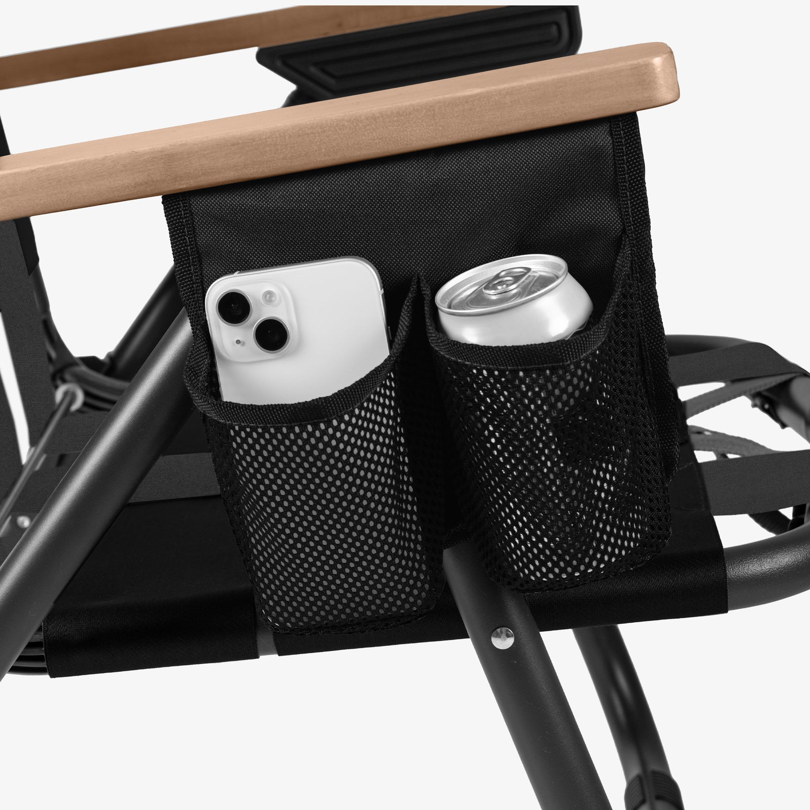 Black Kove foldable outdoor chair with a mesh side pocket holding a phone and a can on a white background