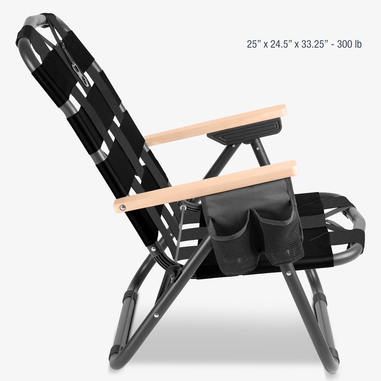Black Kove foldable outdoor chair with wooden armrests on a white background