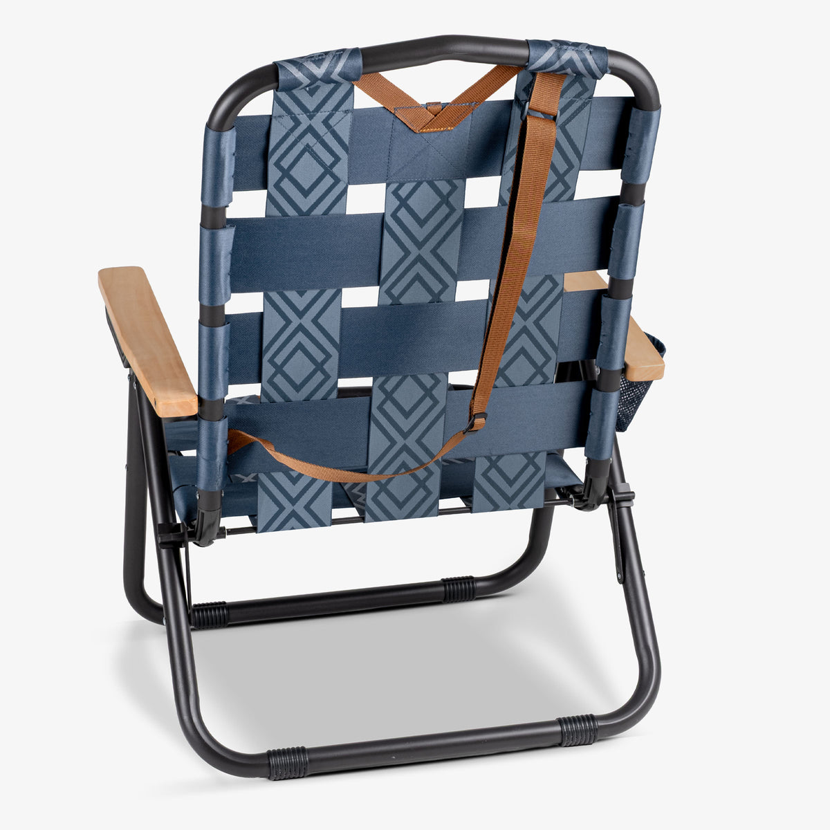 Kove foldable outdoor chair with blue patterned backrest and brown straps on a white background