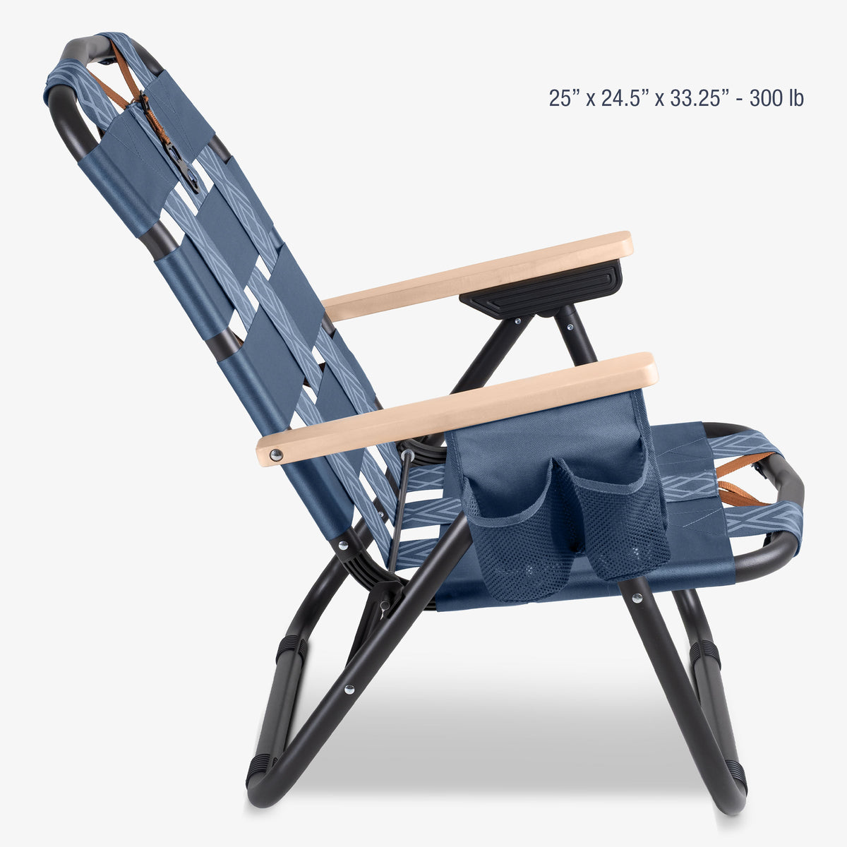 Kove foldable outdoor chair with blue patterned backrest and brown straps on a white background