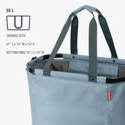 Blue tote bag with green handles on a white background