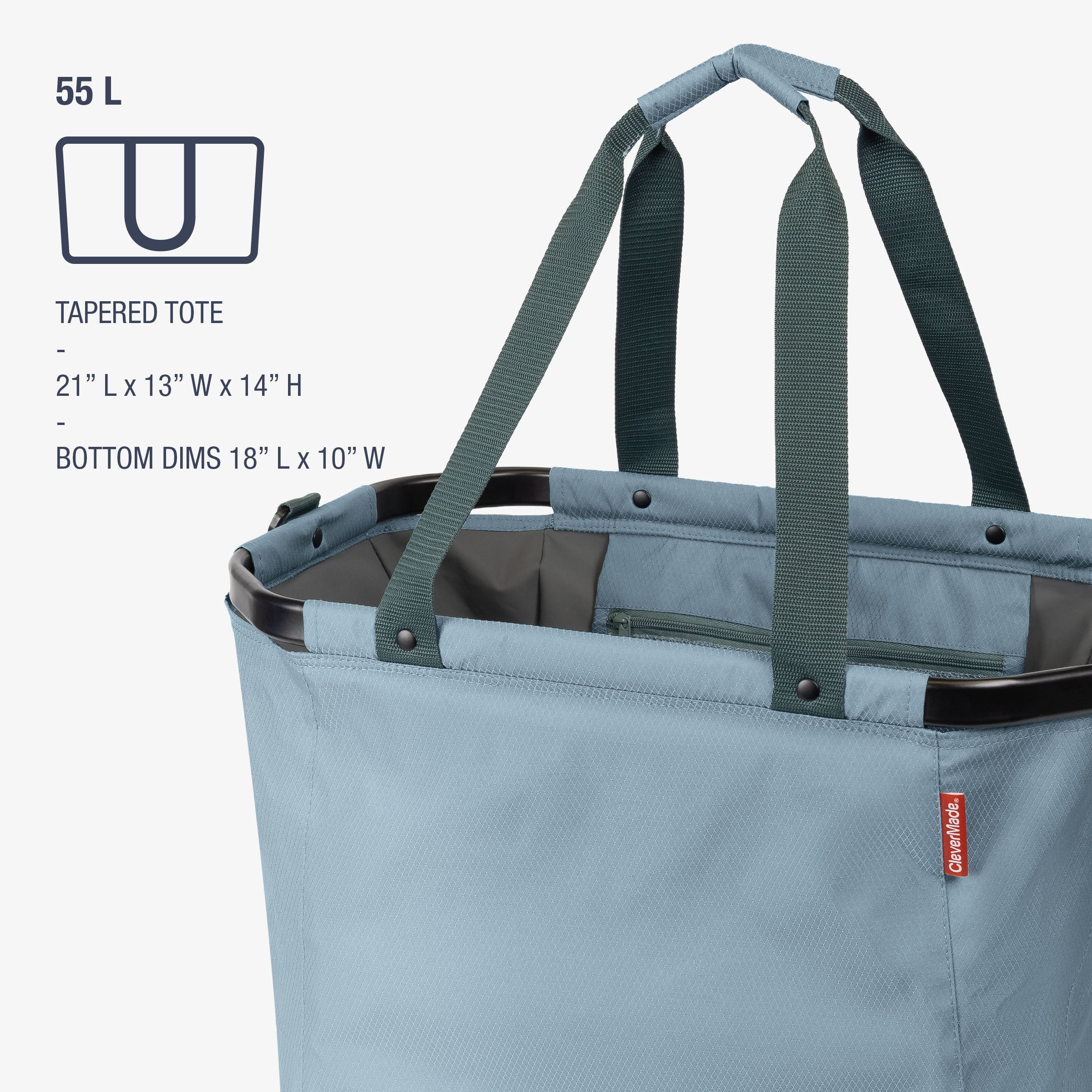Blue tote bag with green handles on a white background