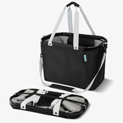 Black and white collapsible tote bag on a white background
