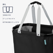 Black tapered tote bag with gray handles on a white background, featuring dimensions and capacity details.