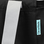 Close-up of a black bag with a gray strap and CleverMade logo.