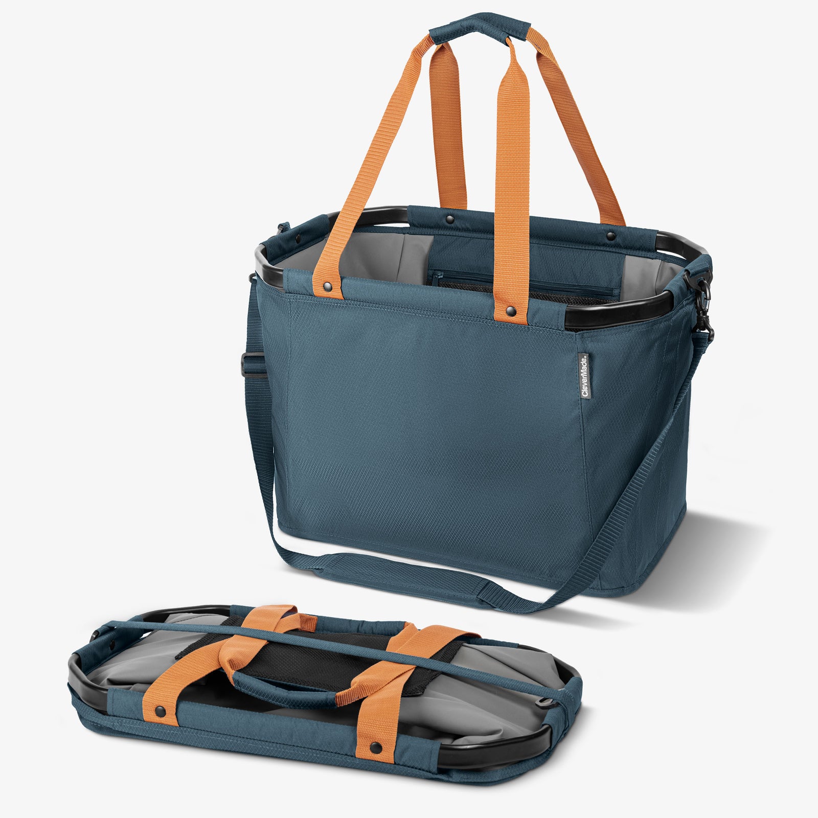 Blue tote bag with orange straps on a white background