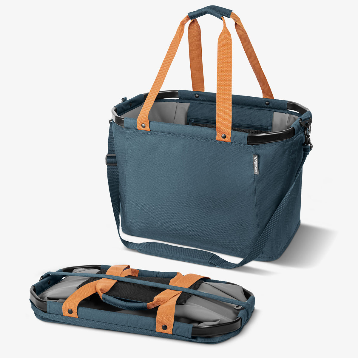 Blue tote bag with orange straps on a white background