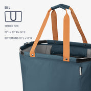 Blue tote bag with brown straps on a white background