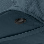Close-up of a blue bag with a black button detail