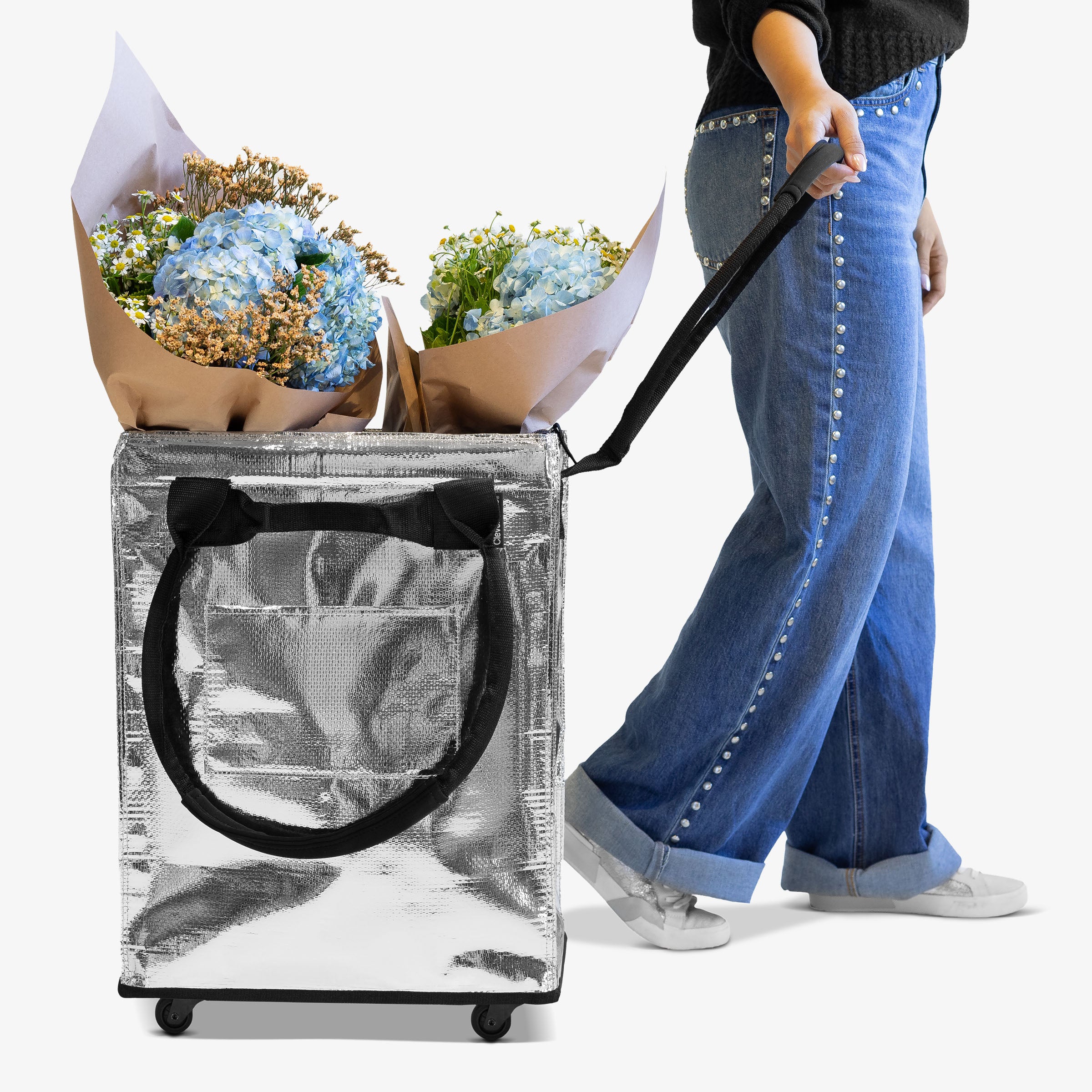 Lady Pulling 62L Silver Rolling Hauler Bag with Flowers