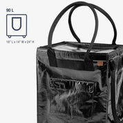 Black tote bag with handle and pocket on a white background
