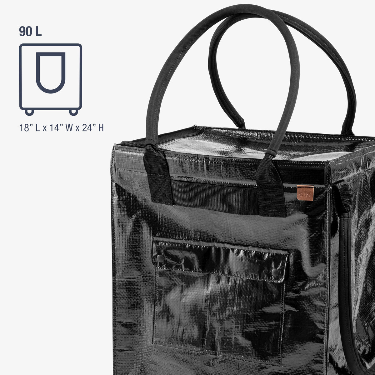 Black tote bag with handle and pocket on a white background