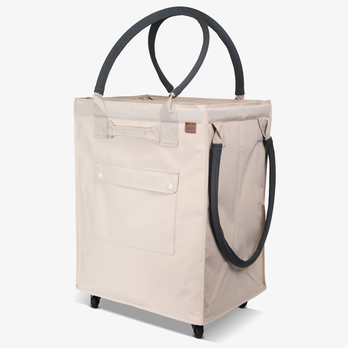 Beige shopping cart with black wheels and handles on a white background