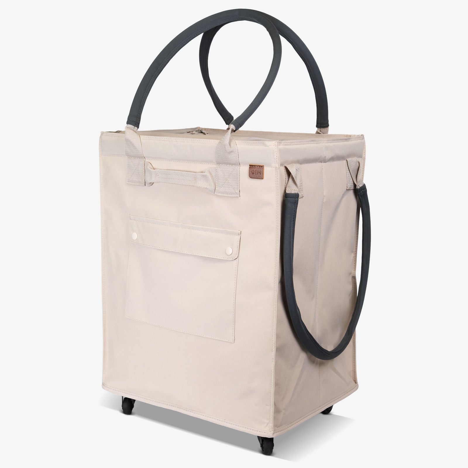 Beige shopping cart with black wheels and handles on a white background