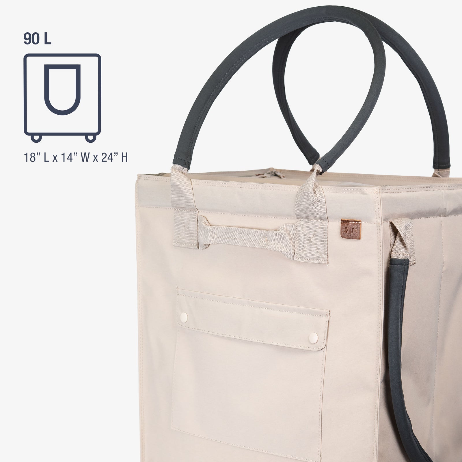 Beige tote bag with black handles on a white background, featuring dimensions and capacity information.