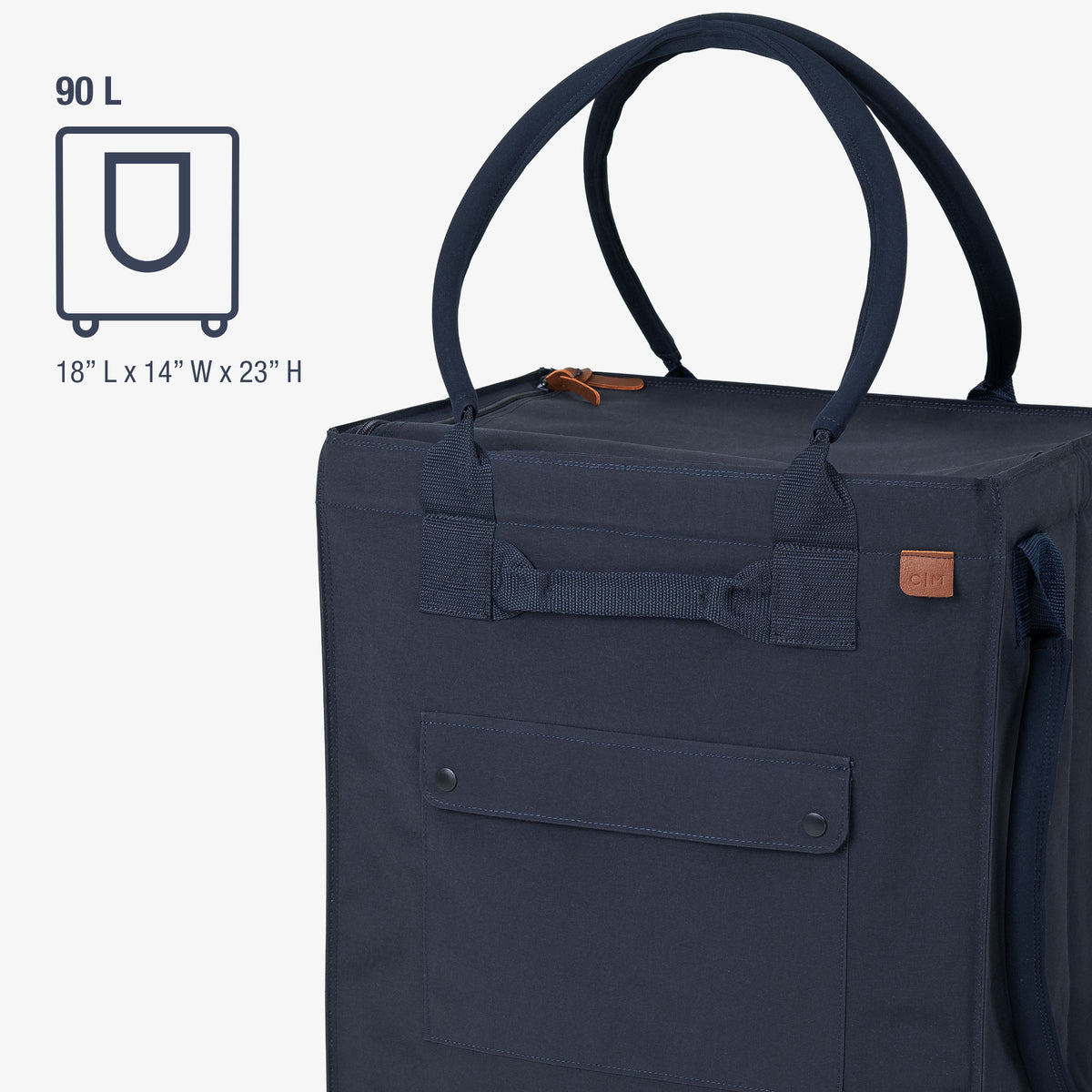 Navy blue travel bag with dimensions and features on a white background