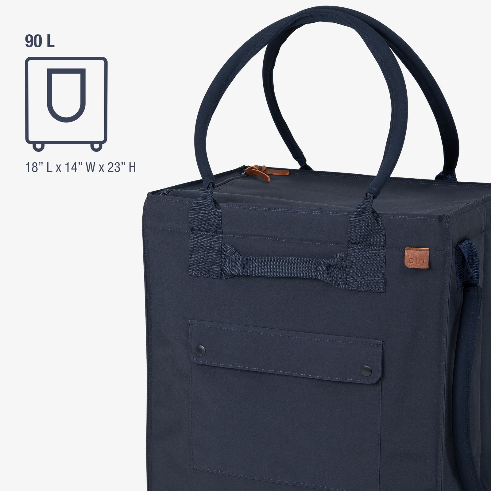 Navy blue travel bag with dimensions and features on a white background
