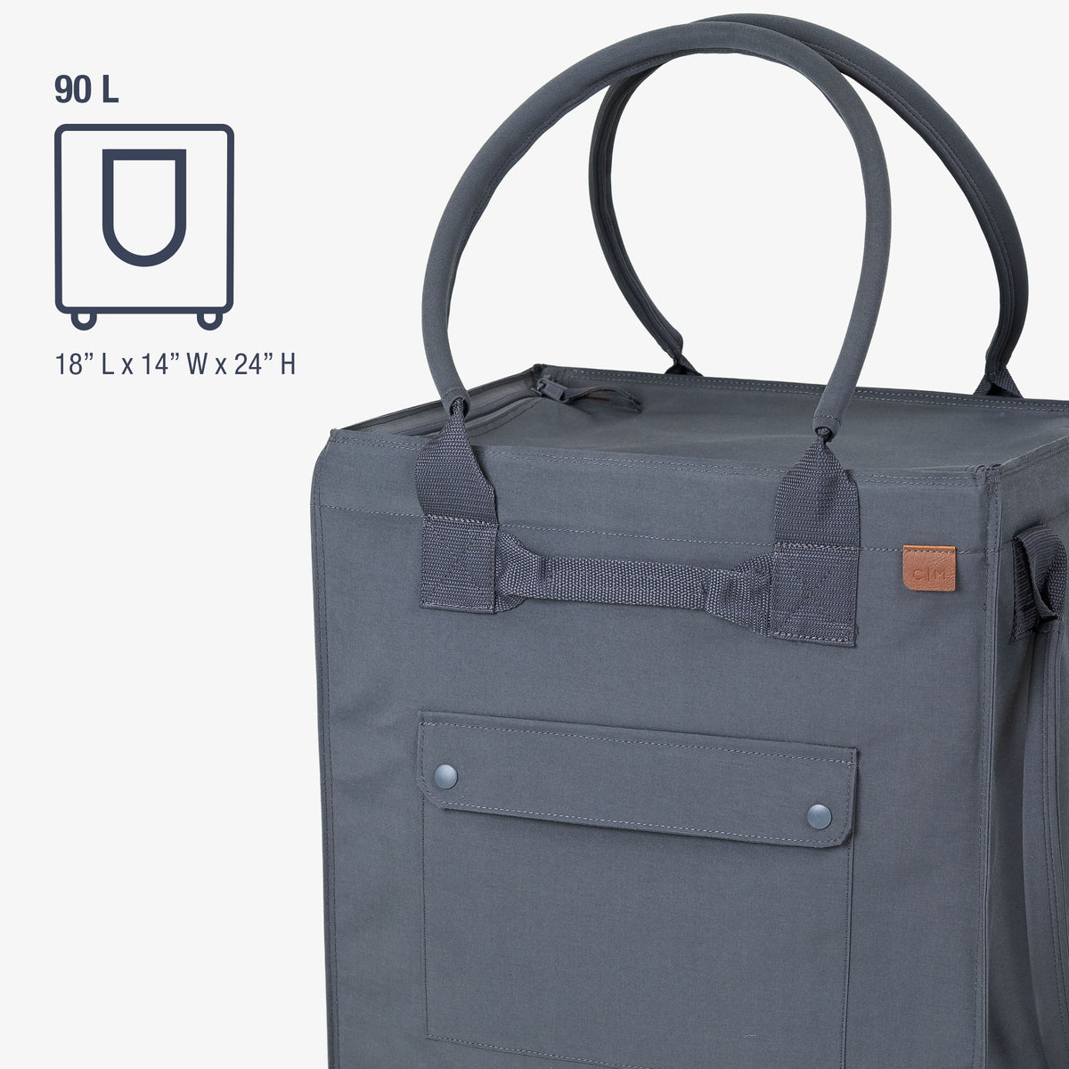 Gray tote bag with handle and pocket on a white background