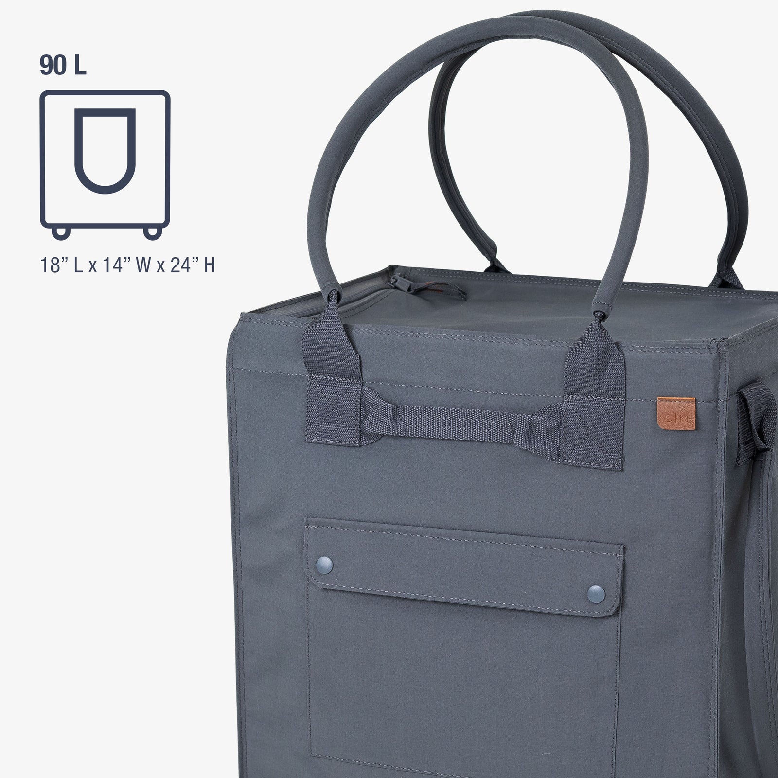 Gray tote bag with handle and pocket on a white background