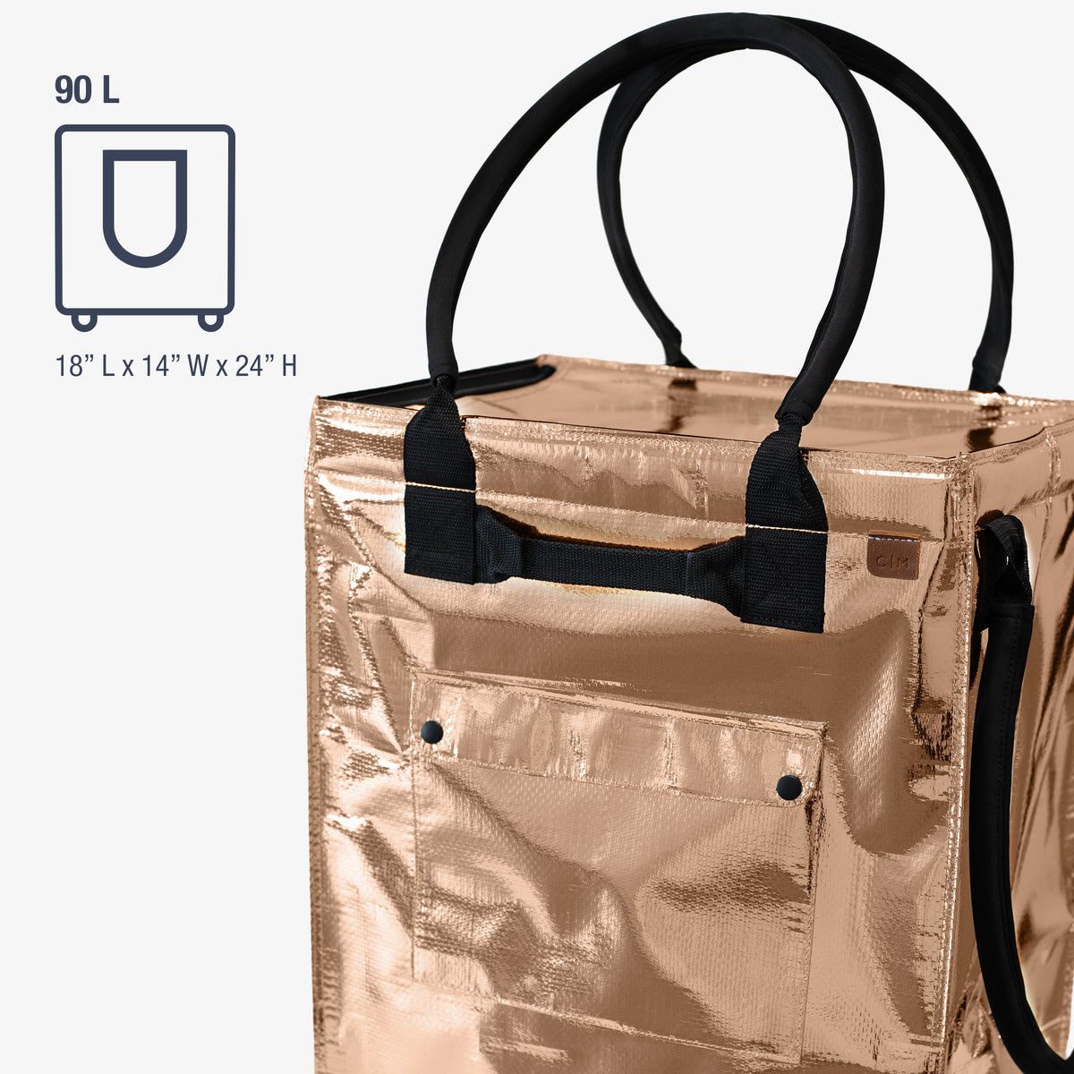 Rose gold tote bag with black handles and measurements on a white background