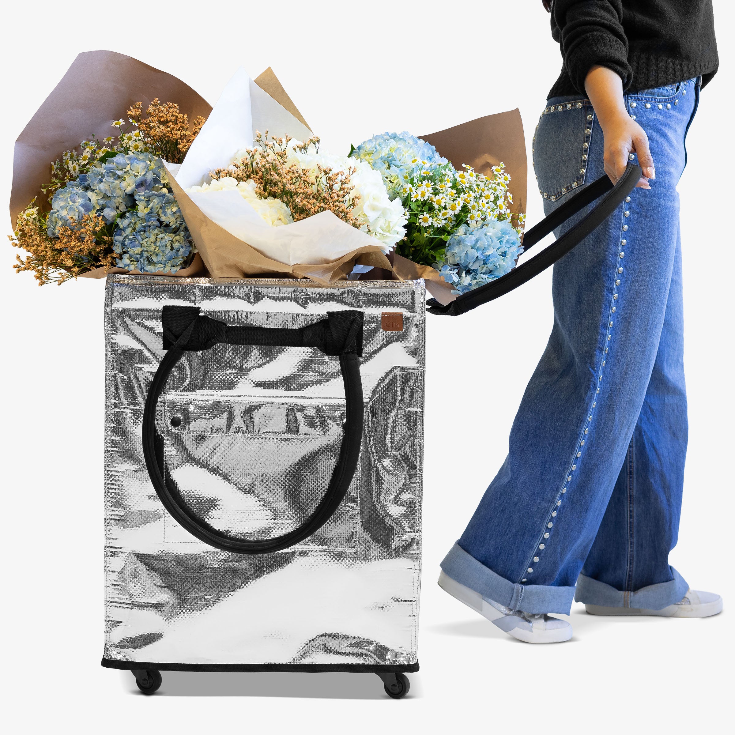 Flowers in Silver Rolling Hauler Bag