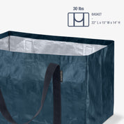 Blue storage basket with handles on a white background, featuring dimensions and weight capacity.