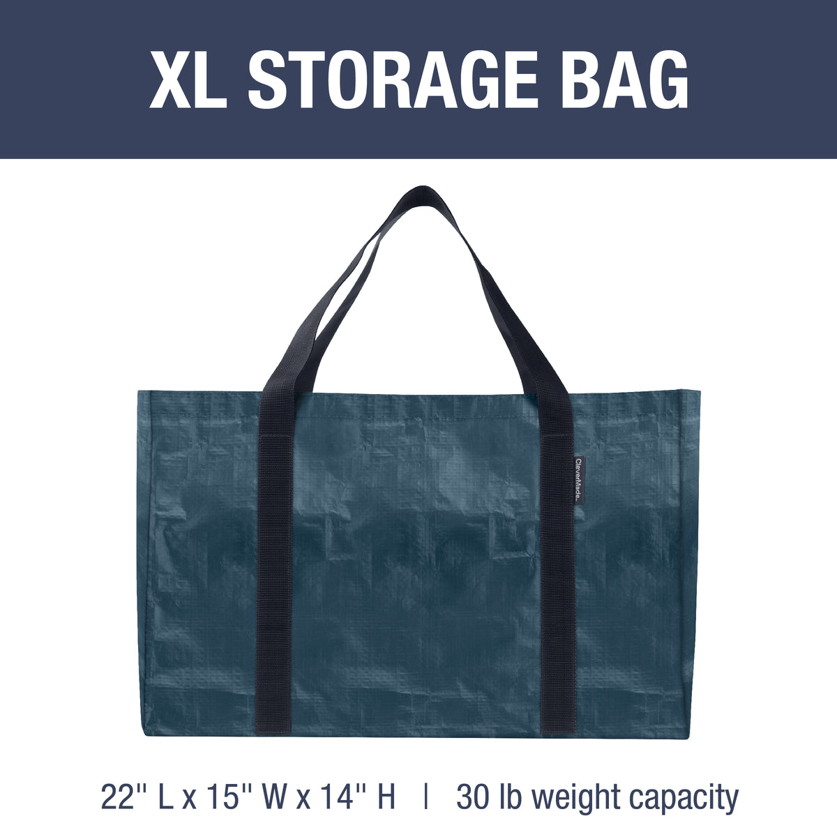 Blue extra large storage tote bag with black strap handles with dimensions