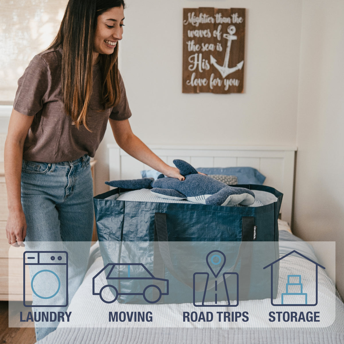 The blue extra large storage tote bag is good for laundry, moving, road trips and as storage