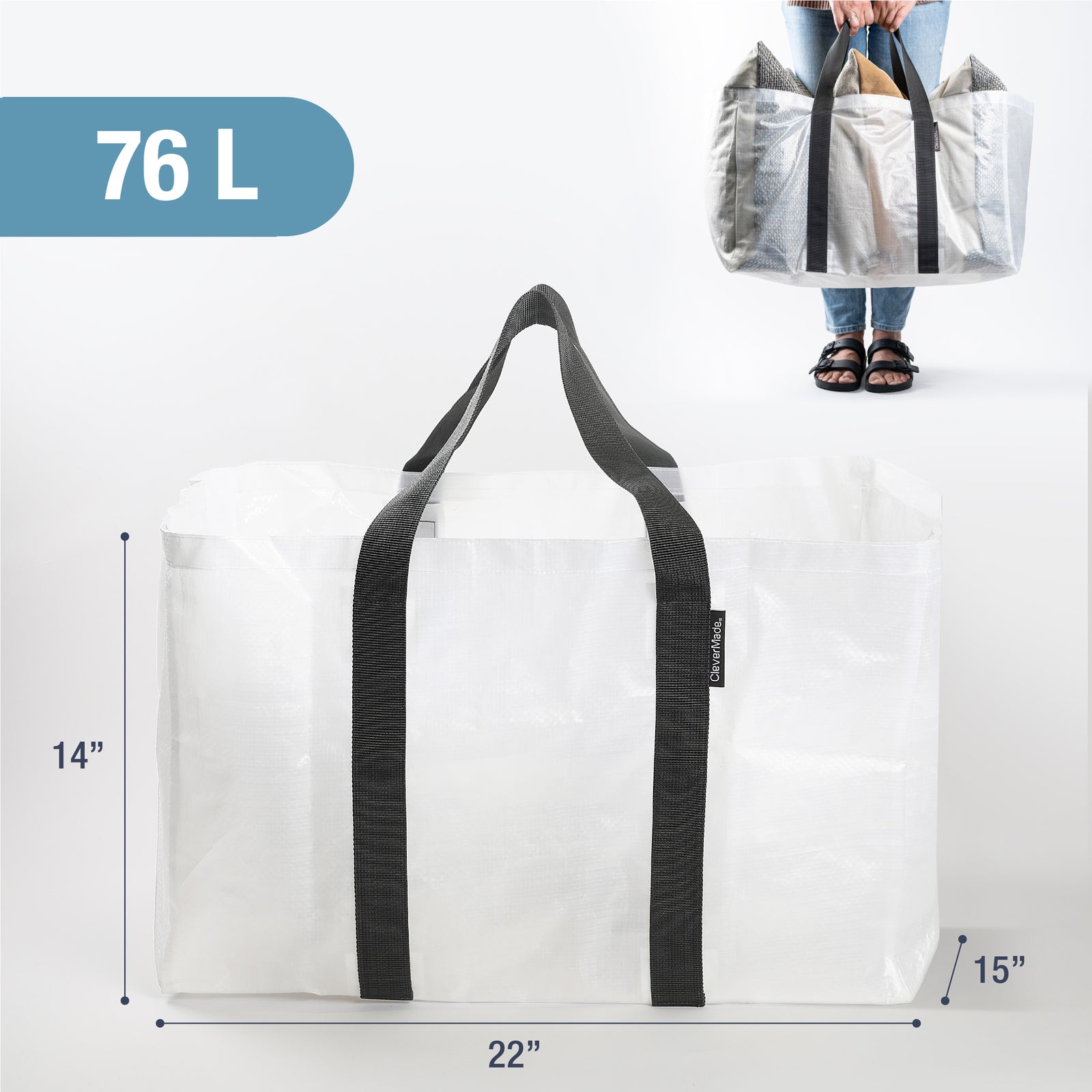 Clear extra large storage tote bag with black strap handles with dimensions