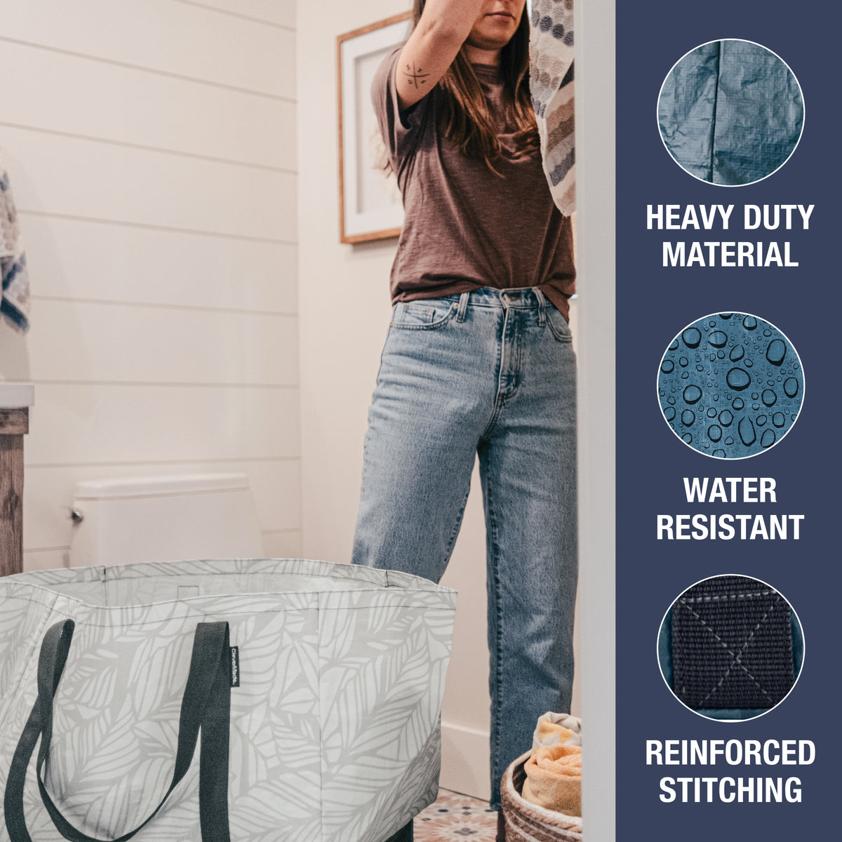 The extra large storage tote bag
is made of heavy duty material, water resistant and the handles have reinforced stitching