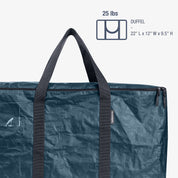 Blue duffel bag with black straps on a white background, featuring weight capacity and dimensions.