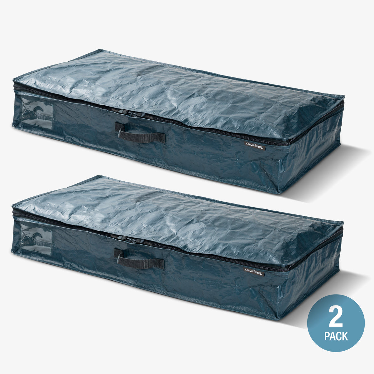Two CleverMade blue storage bags with a handle on a white background, labeled as a 2-pack.