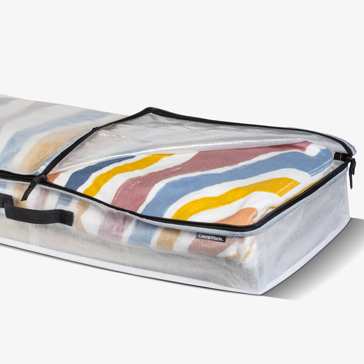 Close up view of Clear CleverMade storage slide 46L full of garments