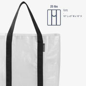 Clear reusable storage tote bag with black handle on a white background, featuring weight capacity and dimensions.