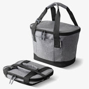 Eco Tahoe Collapsible Cooler (18 can) made of grey fabric, shown both expanded and collapsed.