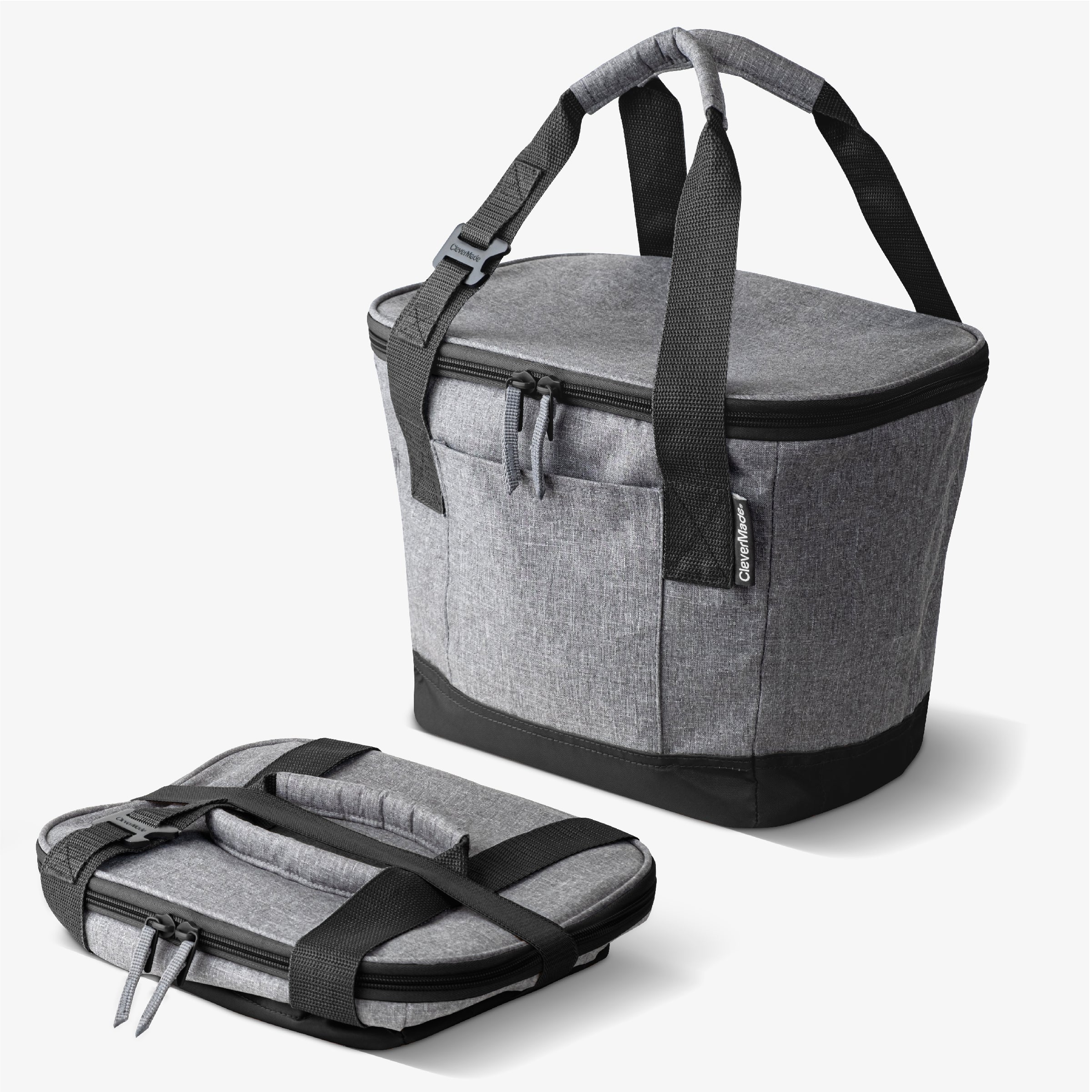 Eco Tahoe Collapsible Cooler (18 can) made of grey fabric, shown both expanded and collapsed.
