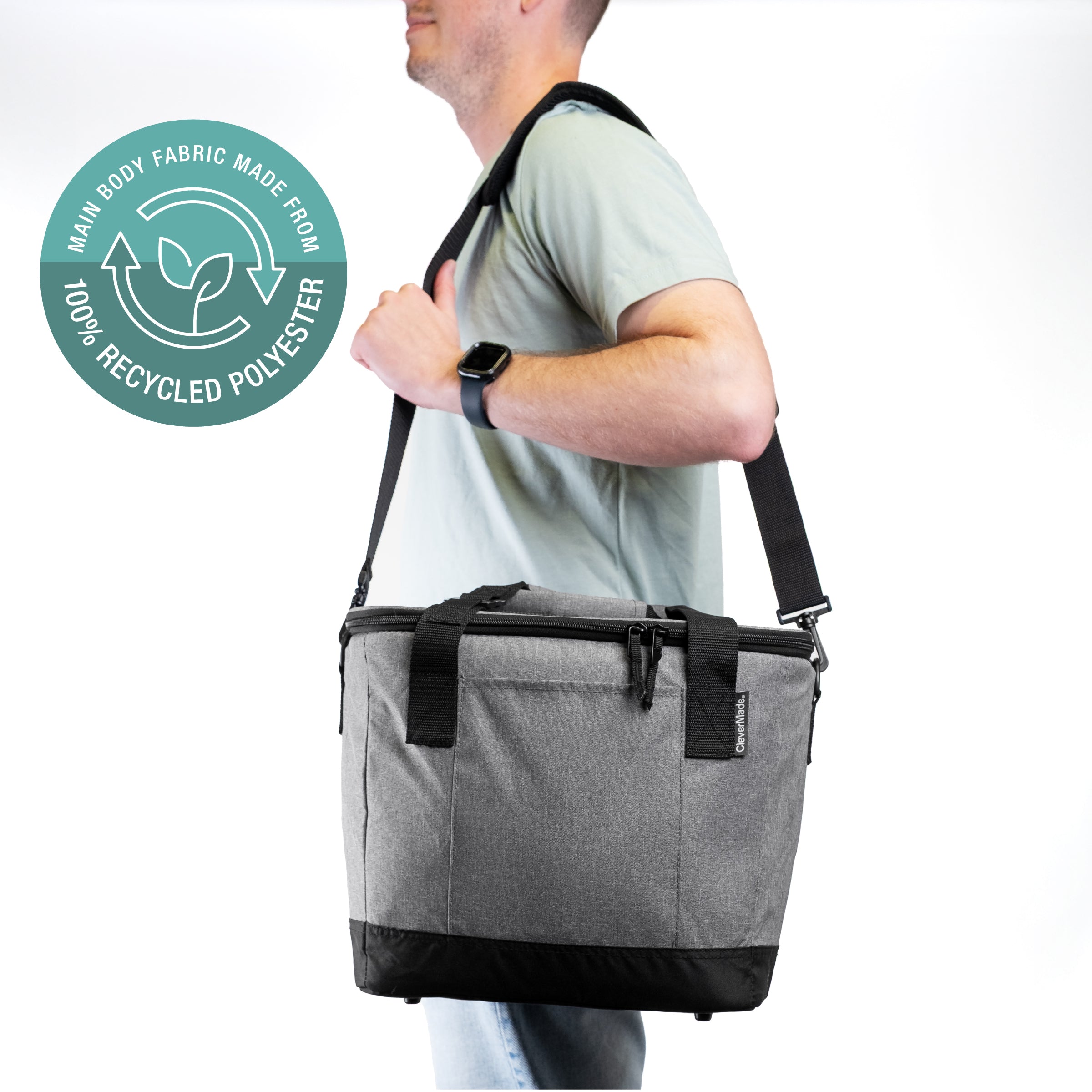 A man carrying Eco Tahoe Collapsible Cooler bag (30 can) that is made of 100% recycled polyester

