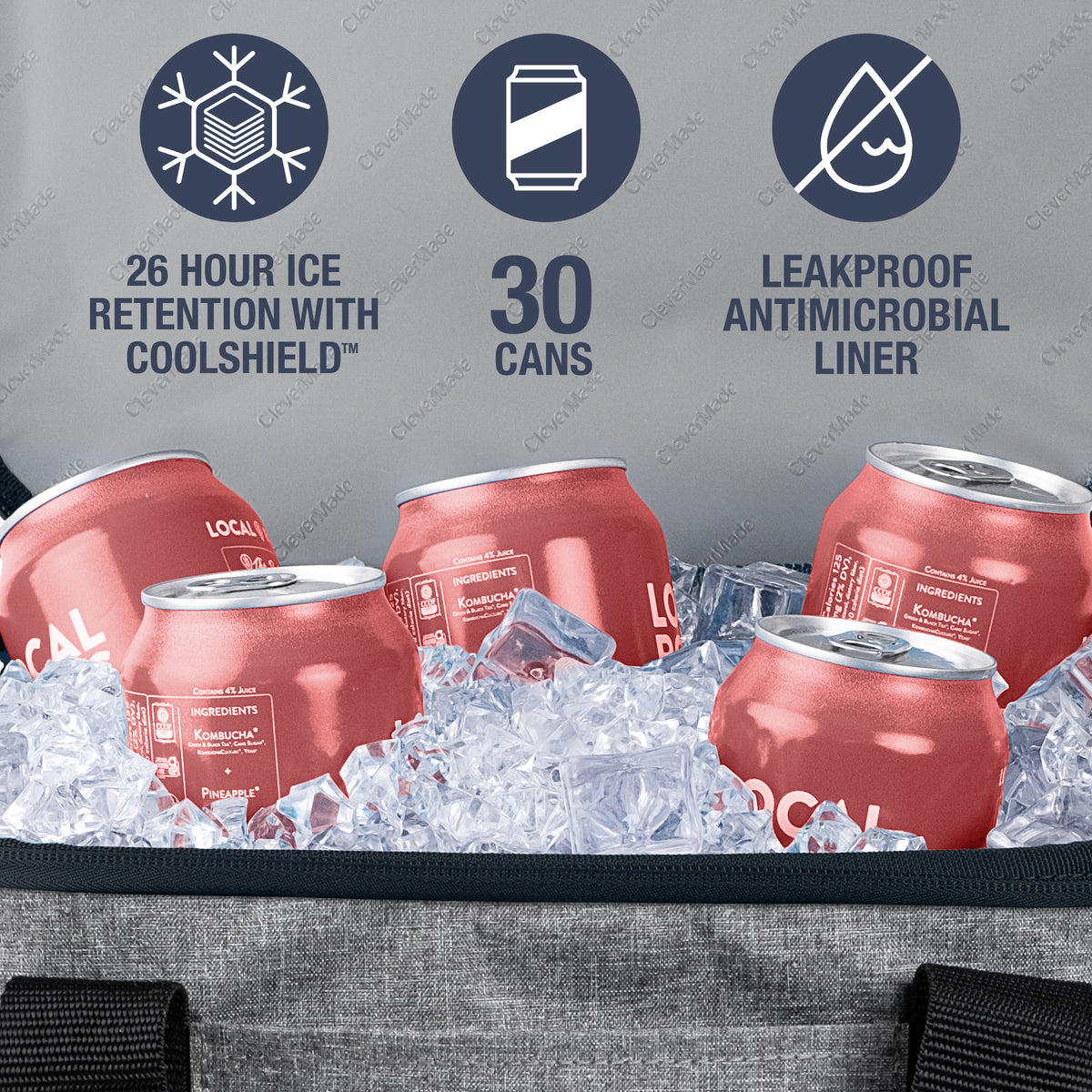 Eco Tahoe Collapsible Cooler bag (30 can) with red cans in ice
