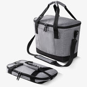 Eco Tahoe Collapsible Cooler (30 can) made of grey fabric, shown both expanded and collapsed.